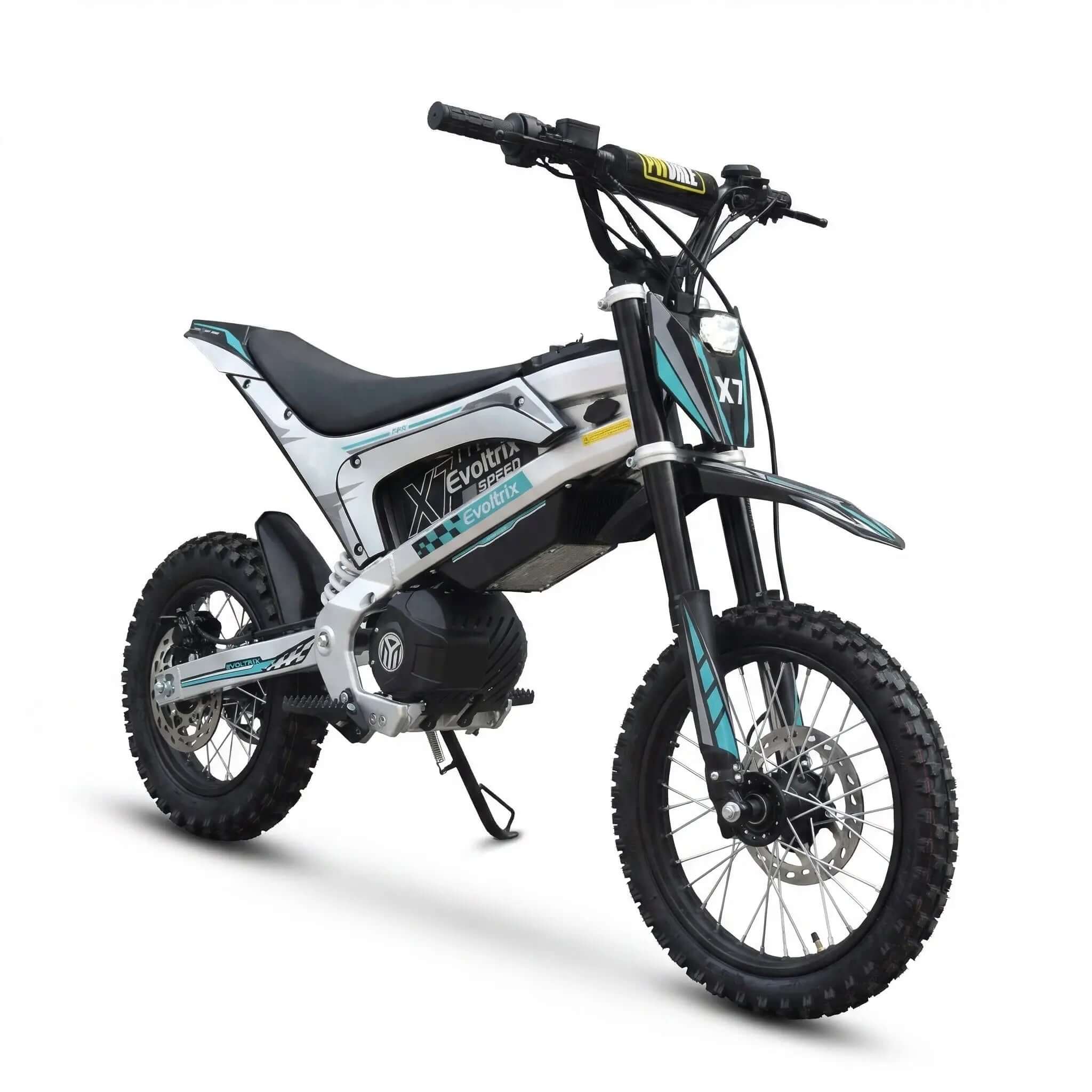 Evoltrix X7 off-road electric bicycle three-quarter view studio photo