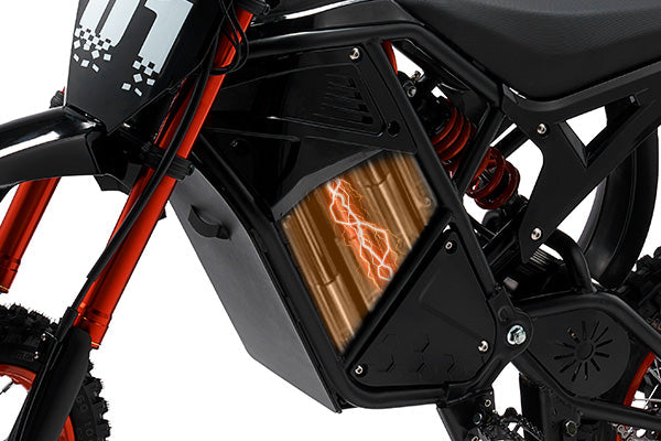 Evoltrix ROGUE MX-01 Off-Road Electric Dirt Bike Battery Compartment, High-Capacity Battery with Lightning Symbol