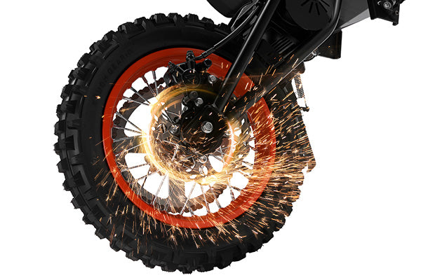 Evoltrix ROGUE MX-01 Off-Road Electric Dirt Bike Hydraulic Brake System, Brake Sparks Close-Up Shot