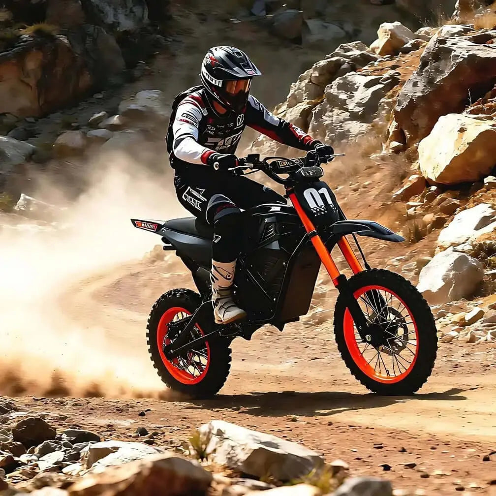 Evoltrix ROGUE MX-01 Off-Road Electric Dirt Bike, Rider Riding on Rocky Mountain Trail