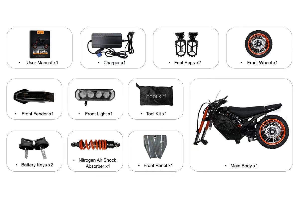 Evoltrix ROGUE MX-01 Electric Dirt Bike Package Contents & Included Accessories List